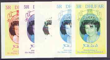 Dhufar 1986 Queens 60th Birthday imperf deluxe sheet (5R value) with AMERIPEX opt in black, set of 5 progressive proofs comprising single & various composite combinations..., stamps on royalty, stamps on 60th birthday, stamps on stamp exhibitions