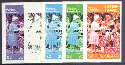 Bernera 1986 Queens 60th Birthday imperf deluxe sheet (\A32 value) with AMERIPEX opt in black, set of 5 progressive proofs comprising single & various composite combinati..., stamps on royalty, stamps on 60th birthday, stamps on stamp exhibitions