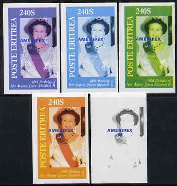 Eritrea 1986 Queen's 60th Birthday imperf deluxe sheet (240s value) with AMERIPEX opt in blue, set of 5 progressive proofs comprising single & various composite combinations , stamps on , stamps on  stamps on royalty, stamps on  stamps on 60th birthday, stamps on  stamps on stamp exhibitions