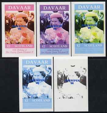 Davaar Island 1986 Queen's 60th Birthday imperf deluxe sheet (A32 value) with AMERIPEX opt in blue, set of 5 progressive proofs comprising single & various composite combinations unmounted mint, stamps on , stamps on  stamps on royalty, stamps on  stamps on 60th birthday, stamps on  stamps on stamp exhibitions