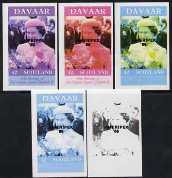 Davaar Island 1986 Queen's 60th Birthday imperf deluxe sheet (\A32 value) with AMERIPEX opt in black, set of 5 progressive proofs comprising single & various composite combinations unmounted mint, stamps on royalty, stamps on 60th birthday, stamps on stamp exhibitions