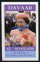 Davaar Island 1986 Queen's 60th Birthday imperf deluxe sheet (Â£2 value) with AMERIPEX opt in blue unmounted mint, stamps on royalty, stamps on 60th birthday, stamps on stamp exhibitions