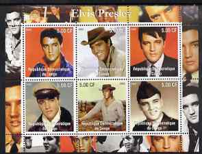 Congo 2002 Elvis Presley perf sheetlet #1 containing set of 6 values unmounted mint, stamps on personalities, stamps on elvis, stamps on music, stamps on films, stamps on entertainments, stamps on pops