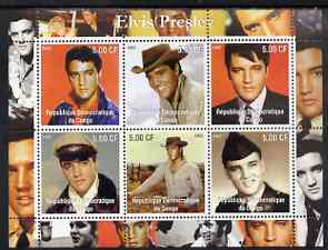 Congo 2002 Elvis Presley perf sheetlet #1 containing set of 6 values unmounted mint, stamps on , stamps on  stamps on personalities, stamps on  stamps on elvis, stamps on  stamps on music, stamps on  stamps on films, stamps on  stamps on entertainments, stamps on  stamps on pops