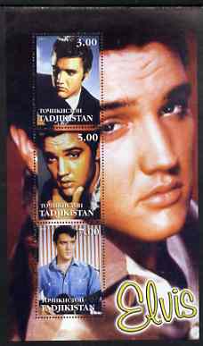 Tadjikistan 2001 Elvis Presley perf sheetlet containing set of 3 values unmounted mint, stamps on , stamps on  stamps on personalities, stamps on  stamps on elvis, stamps on  stamps on music, stamps on  stamps on films, stamps on  stamps on entertainments, stamps on  stamps on pops