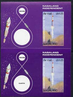 Nagaland 1969 The Moon programme 1ch25 m/sheet x 2, both imperf, one with 'Earth' omitted unmounted mint, stamps on , stamps on  stamps on space