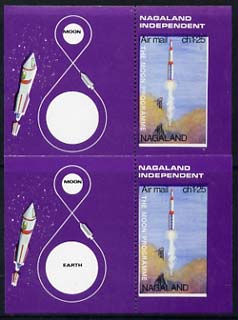 Nagaland 1969 The Moon programme 1ch25 m/sheet x 2, both perf at left only (imperf on 3 sides), one with 'Earth' omitted unmounted mint, stamps on , stamps on  stamps on space