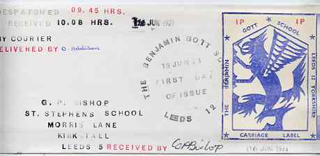 Great Britain 1971 Long cover bearing Benjamin Gott School 1p Carriage Label with first day cachet, time of despatch & receipt, and signed by carrier (contents describes ..., stamps on strike