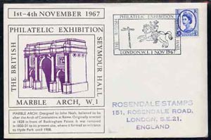 Postmark - Great Britain 1967 cover for Britsh Philatelic Exhibition (1st Day with Marble Arch in purple) with Mounted Postal Rider illustrated cancel (cover slightly gru..., stamps on stamp exhibitions, stamps on postman, stamps on horses