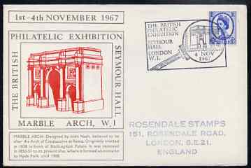 Postmark - Great Britain 1967 cover for Britsh Philatelic Exhibition (4th Day with Marble Arch in red) with Magnifier illustrated cancel (cover slightly grubby), stamps on , stamps on  stamps on stamp exhibitions, stamps on  stamps on postal