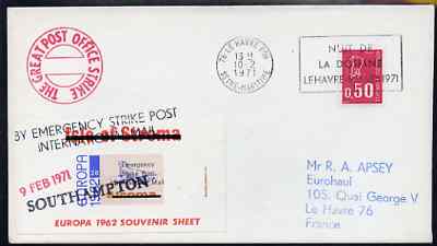 Great Britain 1971 Postal Strike cover to France bearing Stroma 'EUROPA 1962' Seal m/sheet overprinted 'Emergency Strike Post, International Mail' with Stroma obliterated, various cachets plus French 50c stamp cancelled Le Havre, stamps on , stamps on  stamps on strike, stamps on  stamps on seals, stamps on  stamps on mammals, stamps on  stamps on europa