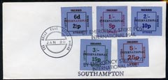 Great Britain 1971 Postal Strike cover bearing set of 5 dual currency Inland Letter Strike Labels (with Inland obliterated & opt'd International) cancelled 'The Great Post Office Strike' and 'By Emergency Strike Post, International Mail' endorsed 'Southampton', stamps on , stamps on  stamps on strike, stamps on  stamps on cinderella