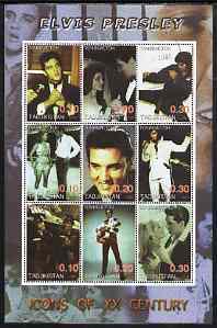 Tadjikistan 2001 Icons of the 20th Century - Elvis Presley perf sheetlet containing set of 9 values cto used, stamps on , stamps on  stamps on personalities, stamps on  stamps on elvis, stamps on  stamps on cinema, stamps on  stamps on entertainments, stamps on  stamps on music, stamps on  stamps on pops, stamps on  stamps on millennium