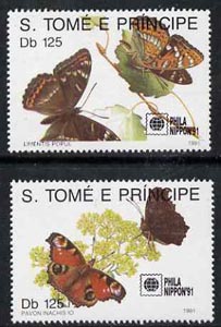 St Thomas & Prince Islands 1991 Phila Nippon 91 Stamp Exhibition (Butterflies) perf set of 2 values unmounted mint, stamps on butterflies, stamps on stamp exhibitions