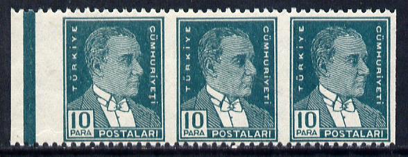 Turkey 1931 Ataturk 1st def 10 para green horiz strip of 3 with vert perfs omitted unmounted mint, SG 1122var, stamps on , stamps on  stamps on constitutions, stamps on  stamps on personalities  , stamps on  stamps on dictators.