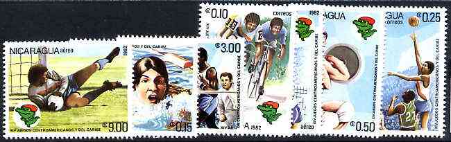 Nicaragua 1982 Central American & Caribbean Games perf set of 7 unmounted mint, SG 2359-65, stamps on , stamps on  stamps on sport, stamps on  stamps on bicycles, stamps on  stamps on swimming, stamps on  stamps on basketball, stamps on  stamps on weightlifting, stamps on  stamps on handball, stamps on  stamps on boxing, stamps on  stamps on football