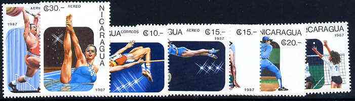 Nicaragua 1987 Panamerican Games perf set of 7 unmounted mint, SG 2895-2901, stamps on , stamps on  stamps on sport, stamps on  stamps on running, stamps on  stamps on baseball, stamps on  stamps on weightlifting, stamps on  stamps on high jump, stamps on  stamps on handball, stamps on  stamps on swimming, stamps on  stamps on gymnastics, stamps on  stamps on  gym , stamps on  stamps on gymnastics, stamps on  stamps on 