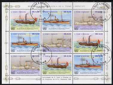 St Thomas & Prince Islands 1984 UPU Congress (Paddle Steamers) perf sheetlet of 9 (3 sets of 3) fine cto used, stamps on , stamps on  stamps on upu, stamps on  stamps on ships, stamps on  stamps on paddle steamers, stamps on  stamps on  upu , stamps on  stamps on 