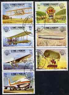 St Thomas & Prince Islands 1983 Bicentenary of Manned Flight set of 7, cto used Mi 830-36, stamps on , stamps on  stamps on aviation, stamps on  stamps on airships, stamps on  stamps on zeppelins, stamps on  stamps on balloons, stamps on  stamps on boeing, stamps on  stamps on 707, stamps on  stamps on wright, stamps on  stamps on bleriot, stamps on  stamps on vickers