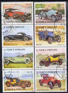 St Thomas & Prince Islands 1983 History of Motoring set of 8, fine cto used, Mi 852-59, stamps on cars, stamps on mercedes, stamps on renault, stamps on rover, stamps on morris, stamps on delage