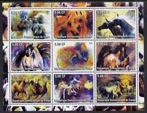 Congo 2002 Paintings of Horses perf sheet containing set of 9 values unmounted mint, stamps on , stamps on  stamps on horses, stamps on  stamps on arts, stamps on  stamps on 