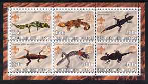 Benin 2002 Lizards & Gekkos perf sheetlet containing set of 6 values, each with Scouts & Guides Logos unmounted mint, stamps on , stamps on  stamps on scouts, stamps on  stamps on guides, stamps on  stamps on reptiles, stamps on  stamps on lizards