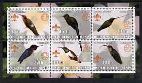 Benin 2002 Hummingbirds perf sheetlet containing set of 6 values, each with Scouts & Guides Logos unmounted mint, stamps on , stamps on  stamps on scouts, stamps on  stamps on guides, stamps on  stamps on birds, stamps on  stamps on humming-birds, stamps on  stamps on hummingbirds