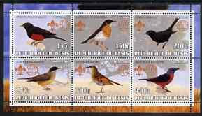 Benin 2002 Thrushes perf sheetlet containing set of 6 values, each with Scouts & Guides Logos unmounted mint, stamps on , stamps on  stamps on scouts, stamps on  stamps on guides, stamps on  stamps on birds, stamps on  stamps on thrushes