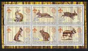 Benin 2002 Rabbits & Hares perf sheetlet containing set of 6 values, each with Scouts & Guides Logos unmounted mint, stamps on , stamps on  stamps on scouts, stamps on  stamps on guides, stamps on  stamps on animals, stamps on  stamps on rabbits, stamps on  stamps on hares