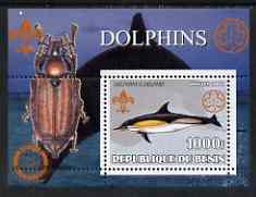 Benin 2002 Whales & Dolphins perf s/sheet containing single value with Scouts & Guides Logos plus Rotary Logo & Insect (Beetle) in outer margin, unmounted mint, stamps on , stamps on  stamps on scouts, stamps on  stamps on guides, stamps on  stamps on dolphins, stamps on  stamps on whales, stamps on  stamps on rotary, stamps on  stamps on insects