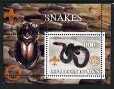 Benin 2002 Snakes perf s/sheet containing single value with Scouts & Guides Logos plus Rotary Logo & Insect (Beetle) in outer margin, unmounted mint, stamps on , stamps on  stamps on scouts, stamps on  stamps on guides, stamps on  stamps on reptiles, stamps on  stamps on snakes, stamps on  stamps on rotary, stamps on  stamps on insects, stamps on  stamps on snake, stamps on  stamps on snakes, stamps on  stamps on 