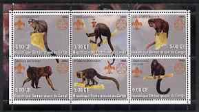 Congo 2002 Monkeys perf sheetlet containing set of 6 values, each with Scouts & Guides Logos unmounted mint, stamps on , stamps on  stamps on scouts, stamps on  stamps on guides, stamps on  stamps on animals, stamps on  stamps on apes