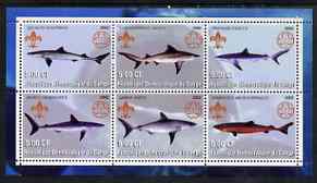 Congo 2002 Sharks perf sheetlet containing set of 6 values, each with Scouts & Guides Logos unmounted mint, stamps on , stamps on  stamps on scouts, stamps on  stamps on guides, stamps on  stamps on sharks