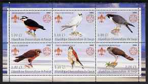 Congo 2002 Falcons perf sheetlet containing set of 6 values, each with Scouts & Guides Logos unmounted mint, stamps on , stamps on  stamps on scouts, stamps on  stamps on guides, stamps on  stamps on birds, stamps on  stamps on birds of prey, stamps on  stamps on falcons