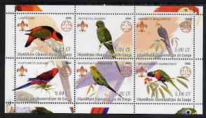 Congo 2002 Parrots perf sheetlet containing set of 6 values, each with Scouts & Guides Logos unmounted mint, stamps on , stamps on  stamps on scouts, stamps on  stamps on guides, stamps on  stamps on birds, stamps on  stamps on parrots