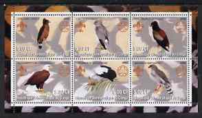 Congo 2002 Hawks & Eagles perf sheetlet containing set of 6 values, each with Scouts & Guides Logos unmounted mint, stamps on scouts, stamps on guides, stamps on birds, stamps on birds of prey, stamps on hawks, stamps on eagles