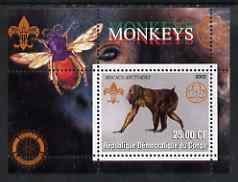 Congo 2002 Monkeys perf s/sheet containing single value with Scouts & Guides Logos plus Rotary Logo & Insect in outer margin, unmounted mint, stamps on , stamps on  stamps on scouts, stamps on  stamps on guides, stamps on  stamps on animals, stamps on  stamps on apes, stamps on  stamps on rotary, stamps on  stamps on insects