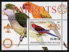Congo 2002 Parrots #1 perf s/sheet containing single value with Scouts & Guides Logos plus Rotary Logo in outer margin, unmounted mint, stamps on scouts, stamps on guides, stamps on birds, stamps on parrots, stamps on rotary