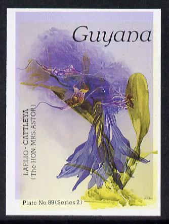 Guyana 1985-89 Orchids Series 2 plate 89 (Sanders' Reichenbachia) unmounted mint imperf single in black & yellow colours only with blue & red from another value (plate 78) printed inverted, most unusual and spectacular*, stamps on flowers  orchids