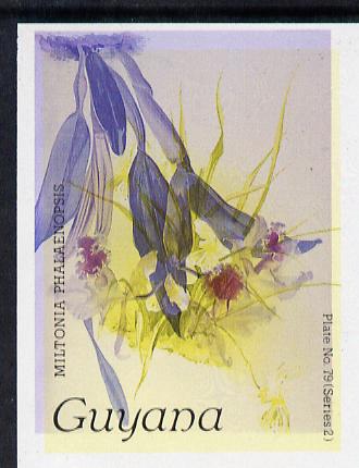 Guyana 1985-89 Orchids Series 2 plate 79 (Sanders' Reichenbachia) unmounted mint imperf single in black & yellow colours only with blue & red from another value (plate 72) printed inverted, most unusual and spectacular*, stamps on flowers  orchids