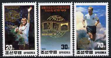 North Korea 1990 D\9Fsseldorf '90 Stamp Exhibition perf set of 3 (Sports) unmounted mint, SG N2968-70, stamps on stamp exhibitions, stamps on football, stamps on tennis, stamps on sport