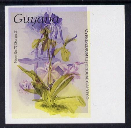 Guyana 1985-89 Orchids Series 2 plate 77 (Sanders' Reichenbachia) unmounted mint imperf single in black & yellow colours only with blue & red from another value (plate 40) printed inverted, most unusual and spectacular*, stamps on flowers  orchids