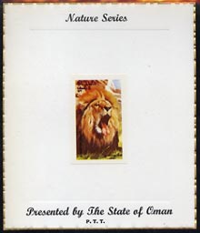 Oman 1974 Zoo Animals (Lion) imperf (4b value) mounted on special Nature Series presentation card inscribed Presented by the State of Oman, stamps on animals, stamps on lions, stamps on cats