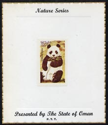 Oman 1974 Zoo Animals (Panda) imperf (20b value) mounted on special 'Nature Series' presentation card inscribed 'Presented by the State of Oman', stamps on , stamps on  stamps on animals, stamps on  stamps on bears, stamps on  stamps on pandas