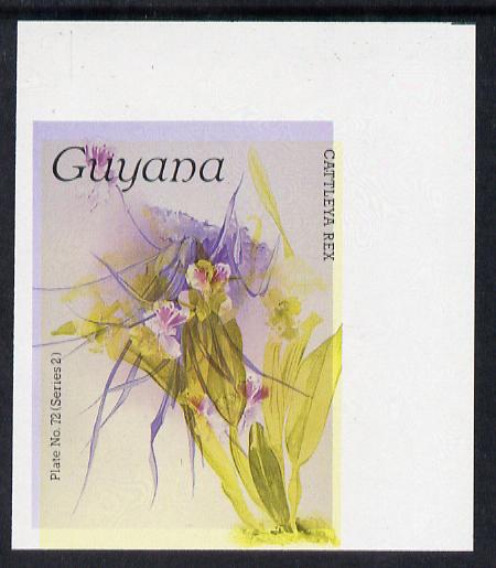 Guyana 1985-89 Orchids Series 2 plate 72 (Sanders' Reichenbachia) unmounted mint imperf single in black & yellow colours only with blue & red from another value (plate 79) printed inverted, most unusual and spectacular, stamps on flowers  orchids