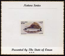 Oman 1972 Fish (Galway Sea Trout) imperf (15b value) mounted on special 'Nature Series' presentation card inscribed 'Presented by the State of Oman', stamps on , stamps on  stamps on fish, stamps on  stamps on trout