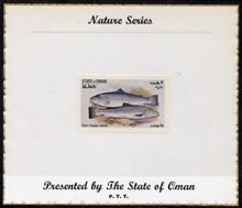 Oman 1972 Fish (Short Headed Salmon) imperf (4b value) mounted on special Nature Series presentation card inscribed Presented by the State of Oman, stamps on fish, stamps on salmon