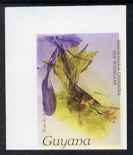 Guyana 1985-89 Orchids Series 2 plate 78 (Sanders' Reichenbachia) unmounted mint imperf single in black & yellow colours only with blue & red from another value (plate 89) printed inverted, most unusual and spectacular, stamps on , stamps on  stamps on flowers  orchids