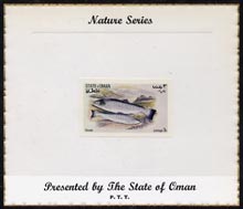 Oman 1972 Fish (Sewen) imperf (3b value) mounted on special 'Nature Series' presentation card inscribed 'Presented by the State of Oman', stamps on fish, stamps on sewen