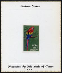 Oman 1970 Parrots (Scarlet Macaw) imperf (5b value) mounted on special Nature Series presentation card inscribed Presented by the State of Oman, stamps on birds, stamps on parrots